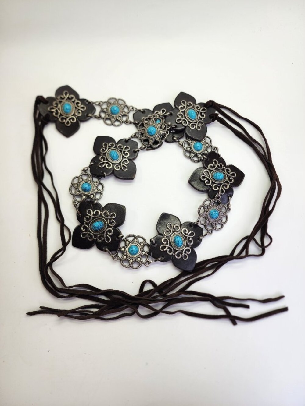 Women’s Western Concho Belt Black Leather Turquoise Stones Silver Boho  Chic
